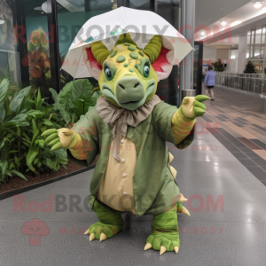 Olive Triceratops mascot costume character dressed with a Raincoat and Anklets