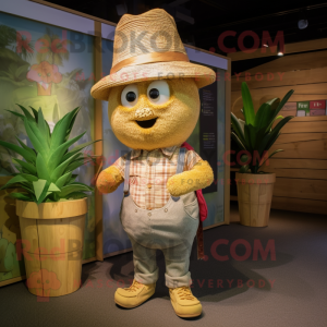 Tan Pineapple mascot costume character dressed with a Dungarees and Hats