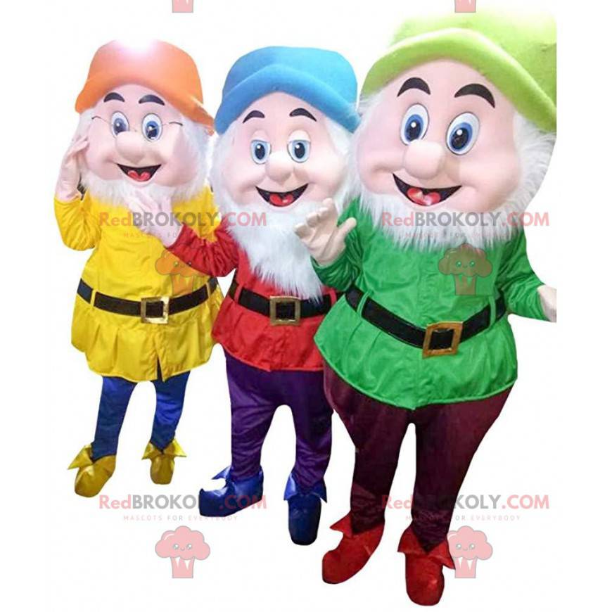 3 mascotes anões coloridos, de "Snow White and the 7 Dwarfs" -