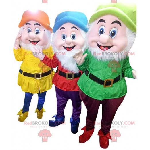 3 mascotes anões coloridos, de "Snow White and the 7 Dwarfs" -