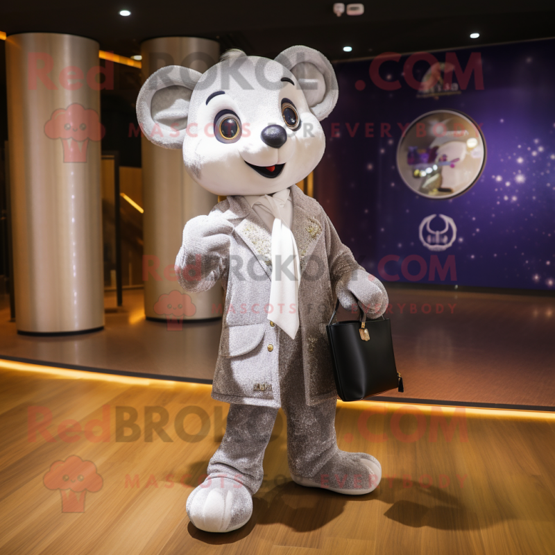 Silver Champagne mascot costume character dressed with a Coat and Handbags Silver Champagne mascot costume character dressed with a Coat and Handbags