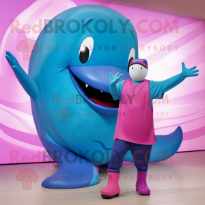 Magenta Blue Whale mascot costume character dressed with a Tank Top and Cufflinks