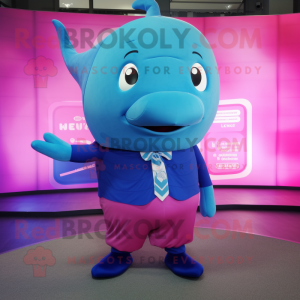 Magenta Blue Whale mascot costume character dressed with a Tank Top and Cufflinks