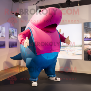 Magenta Blue Whale mascot costume character dressed with a Tank Top and Cufflinks