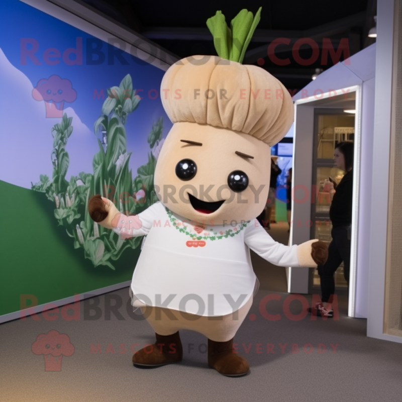 Beige Radish mascot costume character dressed with a Playsuit and Anklets