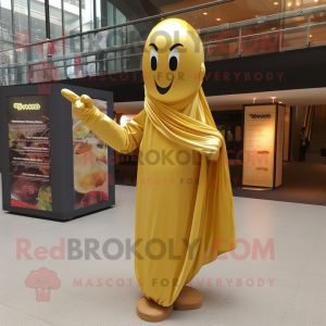 Gold Banana mascot costume character dressed with a Empire Waist Dress and Scarf clips