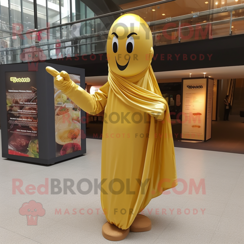 Gold Banana mascot costume character dressed with a Empire Waist Dress and Scarf clips Gold Banana mascot costume character dressed with a Empire Waist Dress and Scarf clips