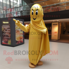 Gold Banana mascot costume character dressed with a Empire Waist Dress and Scarf clips