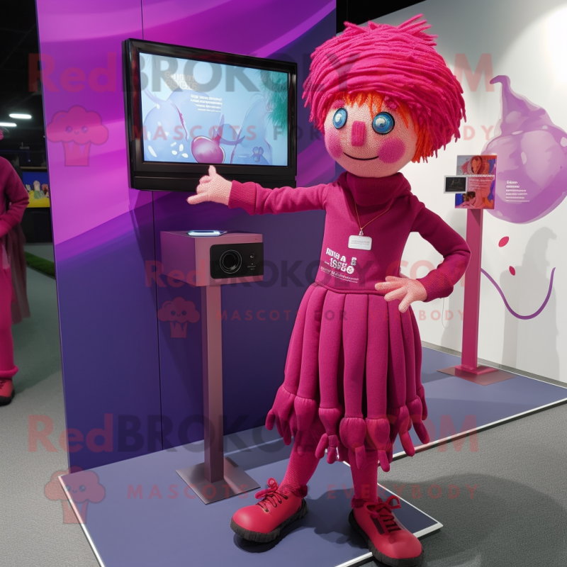 Magenta Scarecrow mascot costume character dressed with a Leggings and Berets