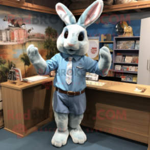 Sky Blue Wild Rabbit mascot costume character dressed with a Oxford Shirt and Hair clips