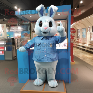 Sky Blue Wild Rabbit mascot costume character dressed with a Oxford Shirt and Hair clips