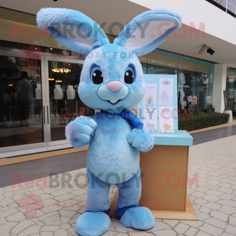 Sky Blue Wild Rabbit mascot costume character dressed with a Oxford Shirt and Hair clips