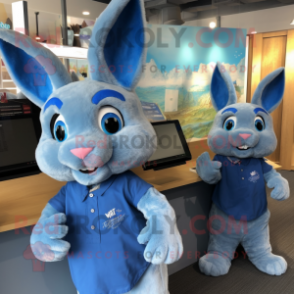 Sky Blue Wild Rabbit mascot costume character dressed with a Oxford Shirt and Hair clips