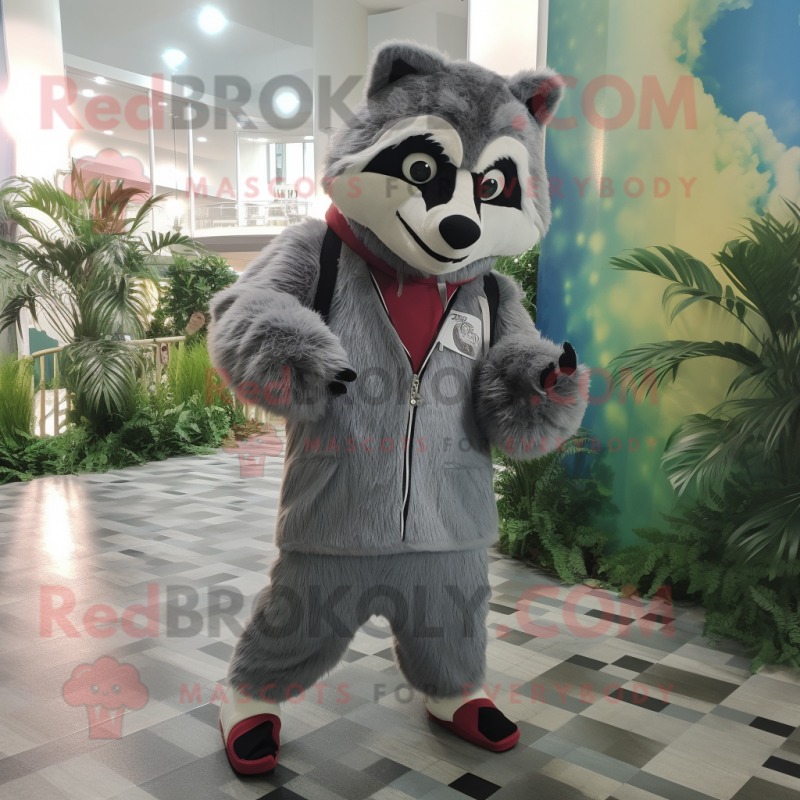 Silver Raccoon mascot costume character dressed with a Hoodie and Ties Silver Raccoon mascot costume character dressed with a Hoodie and Ties