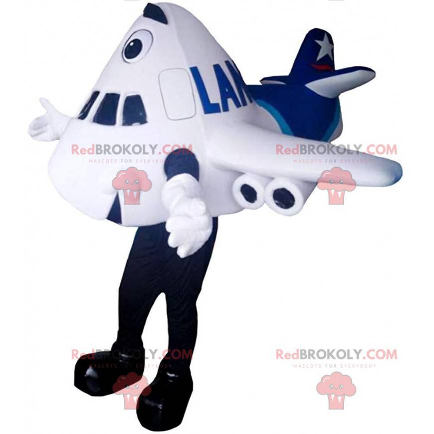 Mascota de avión gigante blanco y azul, traje de aerolínea -