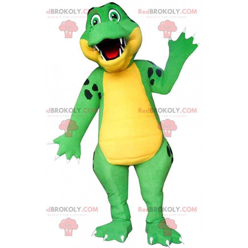 Mascote de crocodilo verde e amarelo, fantasia de crocodilo -