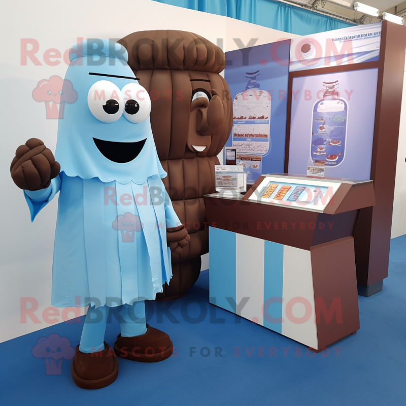 Sky Blue Chocolate Bars mascot costume character dressed with a Wrap Skirt and Cufflinks