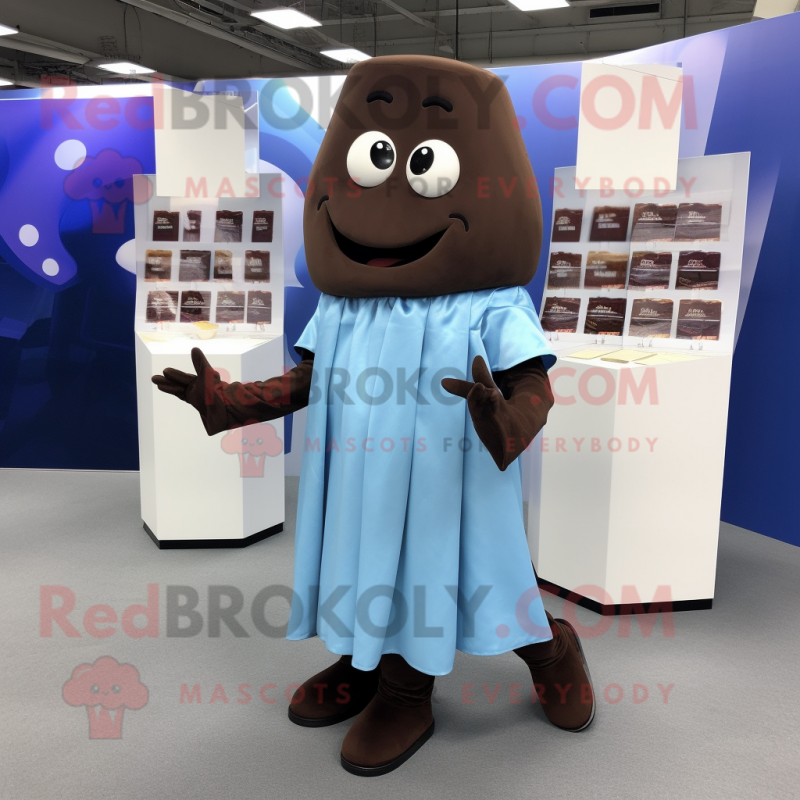 Sky Blue Chocolate Bars mascot costume character dressed with a Wrap Skirt and Cufflinks