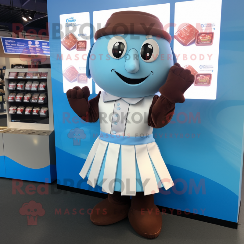 Sky Blue Chocolate Bars mascot costume character dressed with a Wrap Skirt and Cufflinks