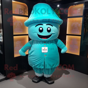 Turquoise Dim Sum mascot costume character dressed with a Polo Shirt and Hat pins