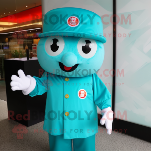 Turquoise Dim Sum mascot costume character dressed with a Polo Shirt and Hat pins