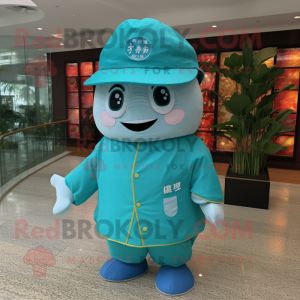 Turquoise Dim Sum mascot costume character dressed with a Polo Shirt and Hat pins
