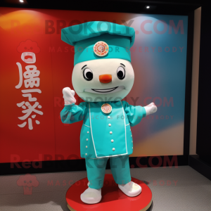 Turquoise Dim Sum mascot costume character dressed with a Polo Shirt and Hat pins