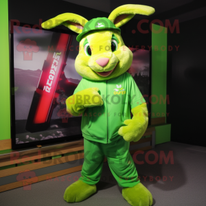 Lime Green Wild Rabbit mascot costume character dressed with a T-Shirt and Beanies