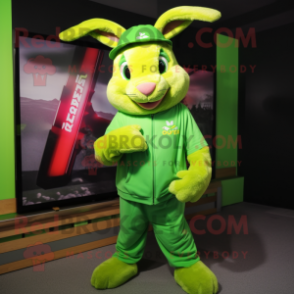 Lime Green Wild Rabbit mascot costume character dressed with a T-Shirt and Beanies