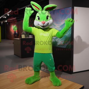 Lime Green Wild Rabbit mascot costume character dressed with a T-Shirt and Beanies