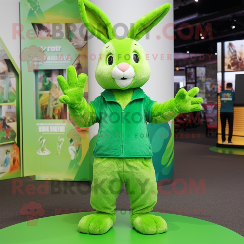 Lime Green Wild Rabbit mascot costume character dressed with a T-Shirt and Beanies Lime Green Wild Rabbit mascot costume character dressed with a T-Shirt and Beanies