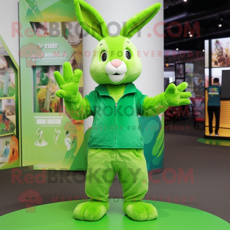 Lime Green Wild Rabbit mascot costume character dressed with a T-Shirt and Beanies