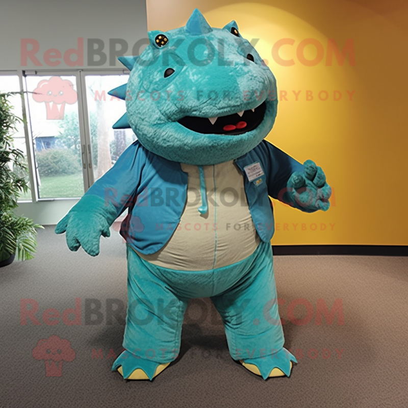 Teal Ankylosaurus mascot costume character dressed with a Corduroy Pants and Wraps