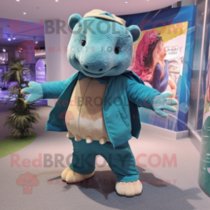 Teal Ankylosaurus mascot costume character dressed with a Corduroy Pants and Wraps