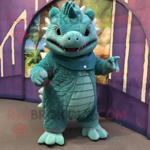 Teal Ankylosaurus mascot costume character dressed with a Corduroy Pants and Wraps