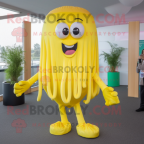 Lemon Yellow Jellyfish mascot costume character dressed with a Jeggings and Cufflinks