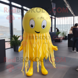 Lemon Yellow Jellyfish mascot costume character dressed with a Jeggings and Cufflinks