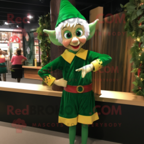 Forest Green Elf mascot costume character dressed with a Sweater and Bracelets