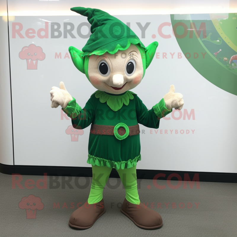 Forest Green Elf mascot costume character dressed with a Sweater and Bracelets