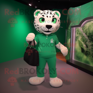 Green Jaguar mascot costume character dressed with a Polo Shirt and Handbags