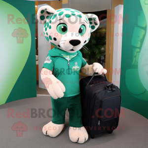 Green Jaguar mascot costume character dressed with a Polo Shirt and Handbags