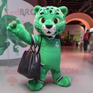 Green Jaguar mascot costume character dressed with a Polo Shirt and Handbags