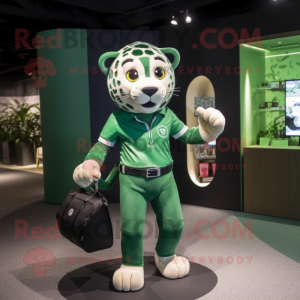 Green Jaguar mascot costume character dressed with a Polo Shirt and Handbags