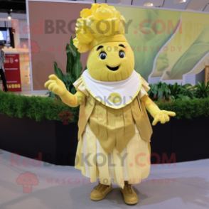 Gold Caesar Salad mascot costume character dressed with a Wrap Skirt and Hairpins