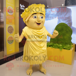 Gold Caesar Salad mascot costume character dressed with a Wrap Skirt and Hairpins