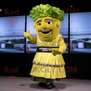 Gold Caesar Salad mascot costume character dressed with a Wrap Skirt and Hairpins