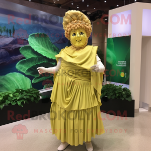 Gold Caesar Salad mascot costume character dressed with a Wrap Skirt and Hairpins