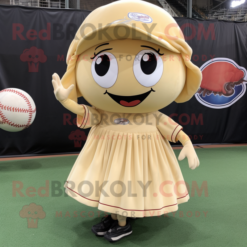 Tan Baseball Ball mascot costume character dressed with a A-Line Skirt and Hairpins Tan Baseball Ball mascot costume character dressed with a A-Line Skirt and Hairpins