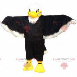 Mascote de águia preto e branco intimidante, fantasia de águia