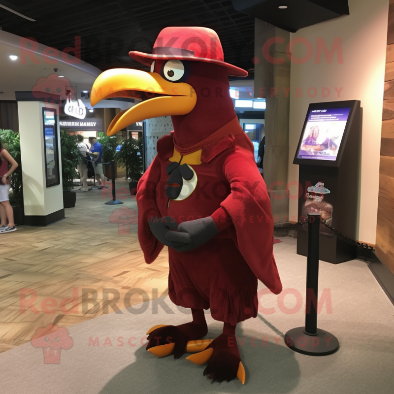 Maroon Toucan mascot costume character dressed with a Long Sleeve Tee and Hat pins Maroon Toucan mascot costume character dressed with a Long Sleeve Tee and Hat pins